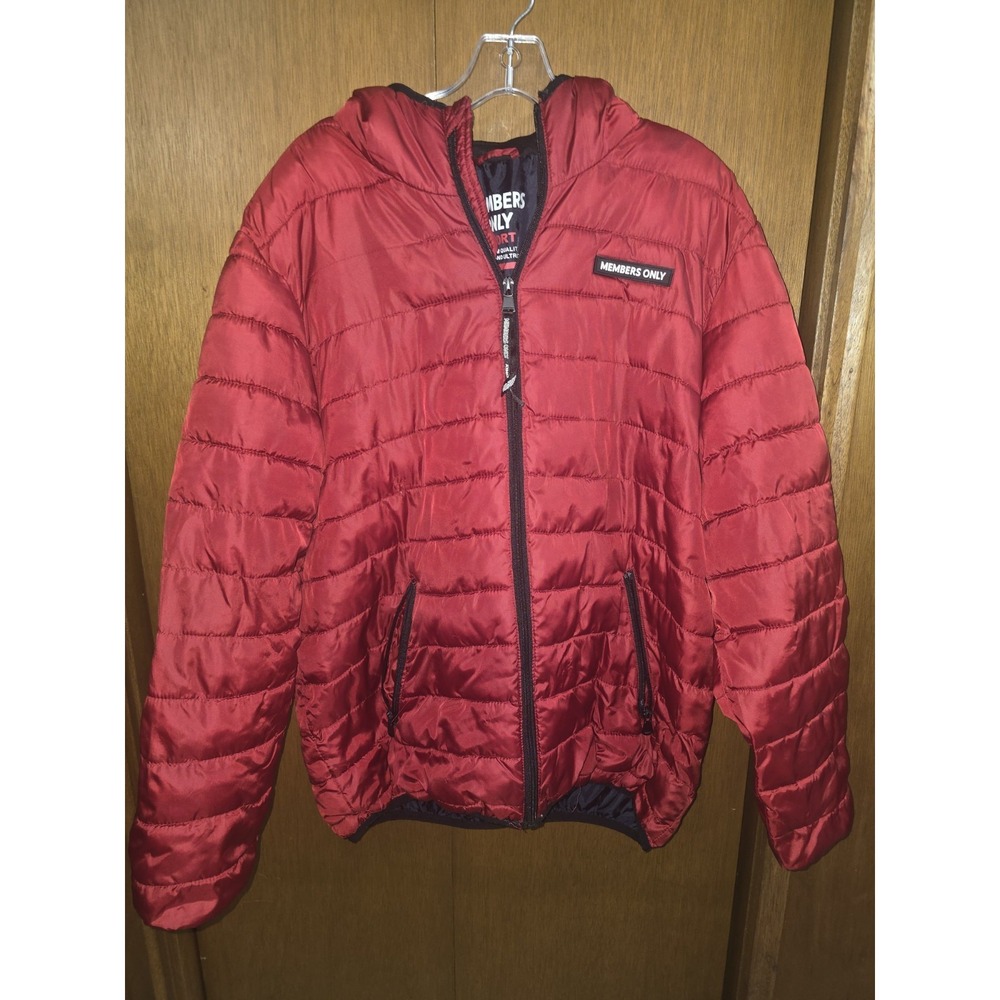 Members Only Sport Puffer Jacket Hoodie Red FullZip Windproof Lightweight Men Xl